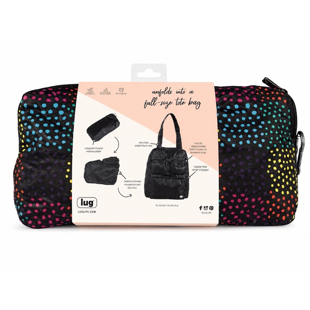 Lug Puddle Jumper Packable Tote Bag Rainbow Dots Black Multi Travel Foldable NEW - Picture 2 of 5